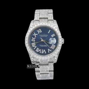 Roles Iced Out Roman Numerals Blue Dial Moissanite Watch