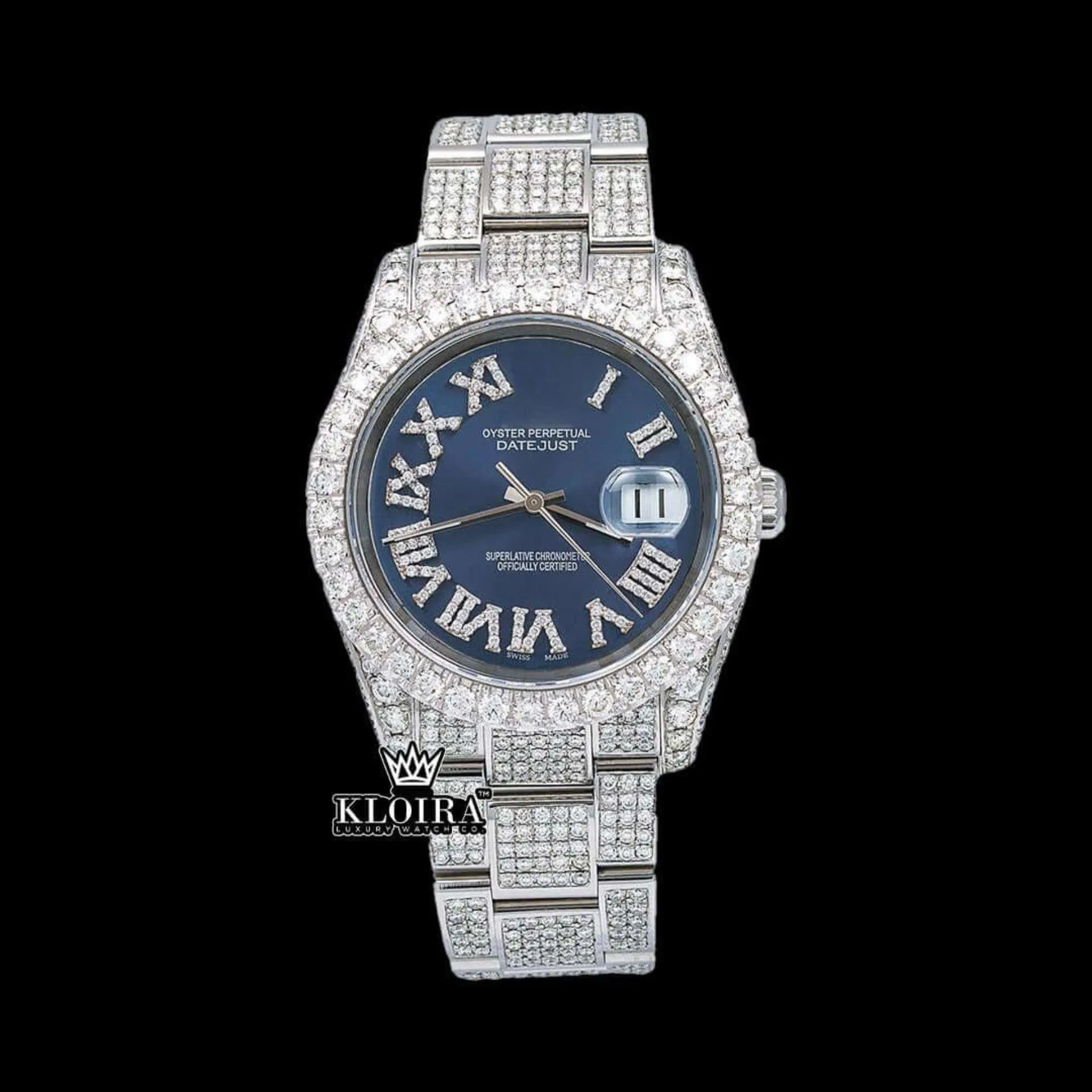 Roles Iced Out Roman Numerals Blue Dial Moissanite Watch with Gold Plating