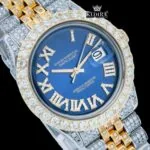 Iced Out Two Tone Roman Numerals Blue Dial Moissanite Diamond Watch Close Up Dial View