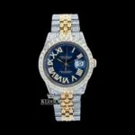 Roles Iced Out Two Tone Roman Numerals Blue Dial Moissanite Watch