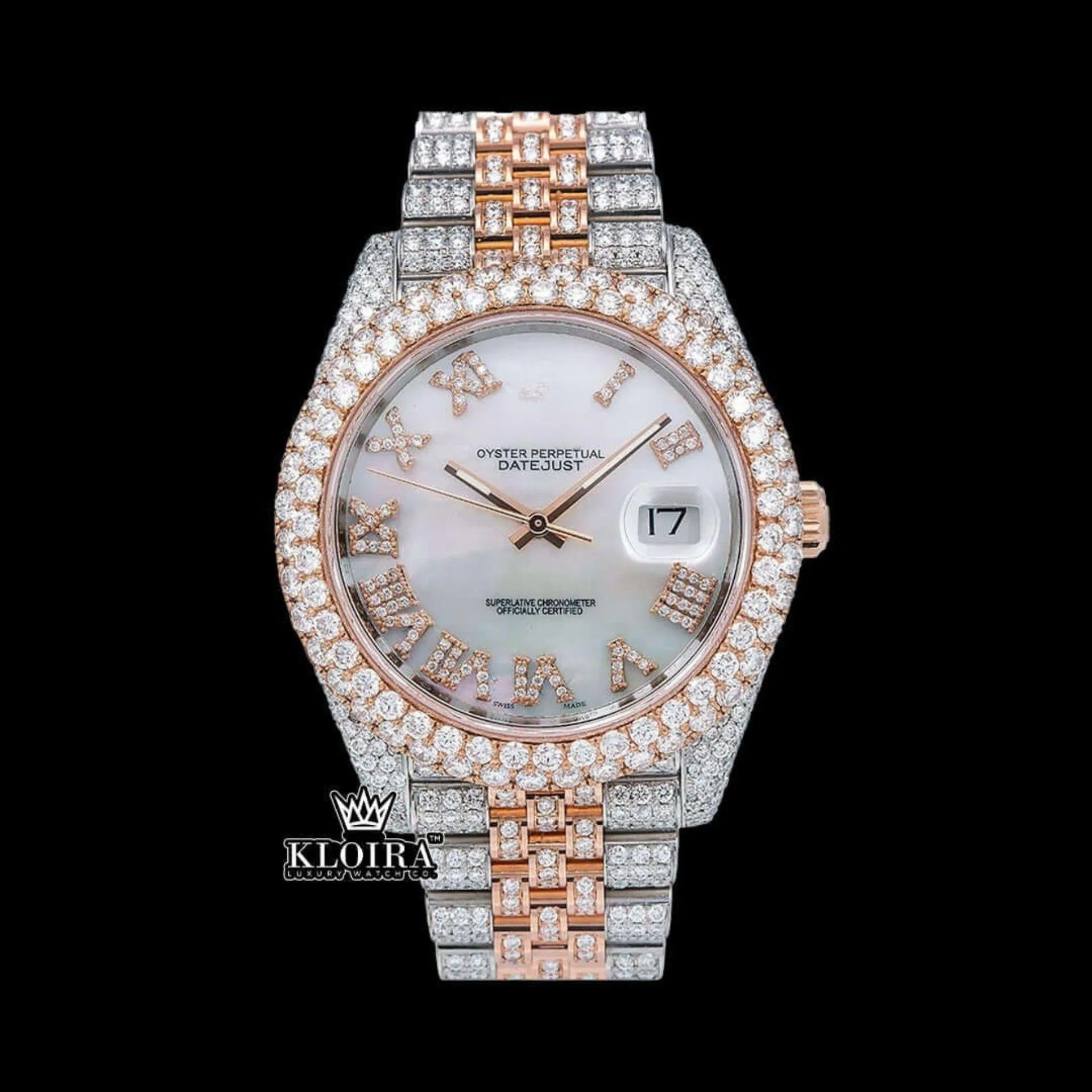 Roles Iced Out Two Tone Rose Gold Dial Moissanite Watch with Roman Numerals