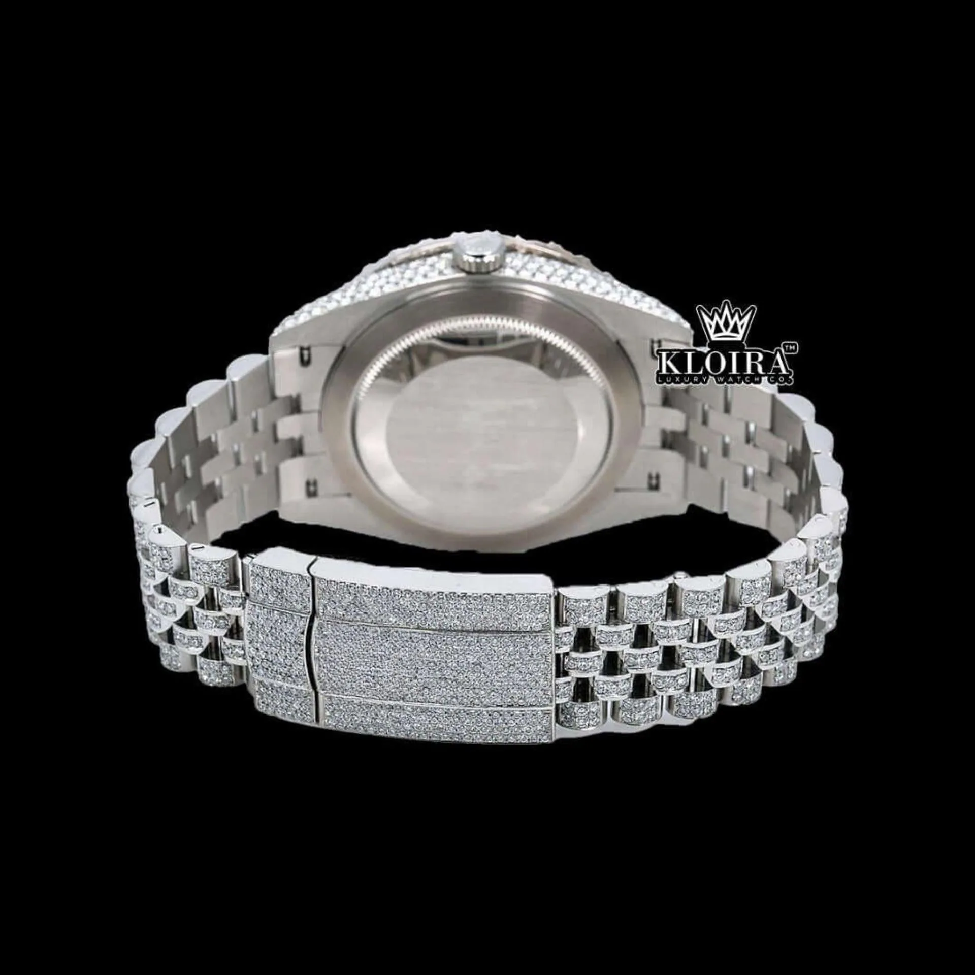 Iced Out White Dial Blue Arabic Numerals Moissanite Diamond Watch Caseback View
