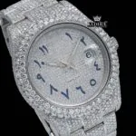 Iced Out White Dial Blue Arabic Numerals Moissanite Diamond Watch Close Up Dial View