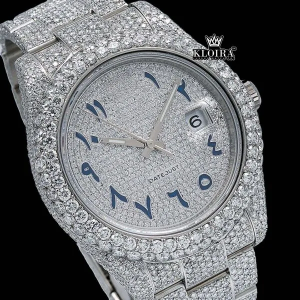 Iced Out White Dial Blue Arabic Numerals Moissanite Diamond Watch Close Up Dial View