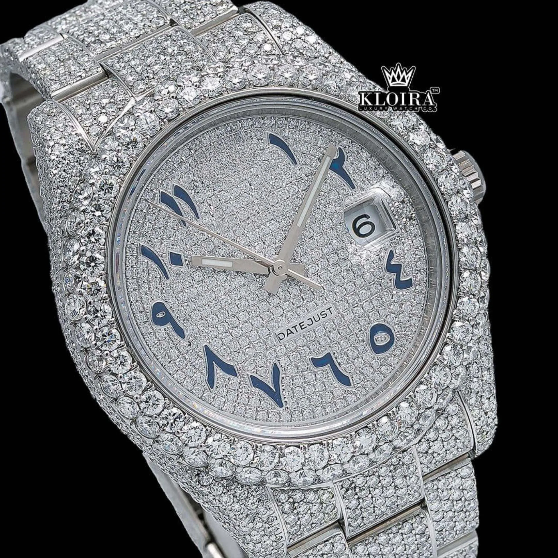 Iced Out White Dial Blue Arabic Numerals Moissanite Diamond Watch Close Up Dial View
