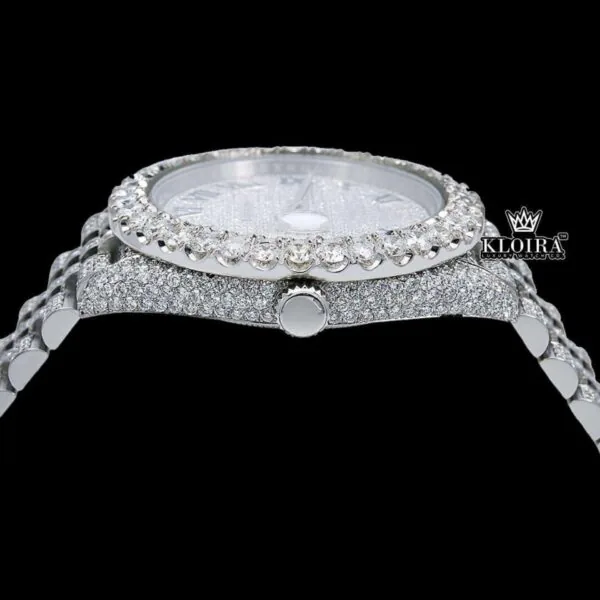 Iced Out White Dial Blue Arabic Numerals Moissanite Diamond Watch Crown View
