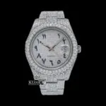 Roles Iced Out Moissanite Diamond Watch with White Dial and Blue Arabic Numerals