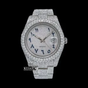Roles Iced Out Moissanite Diamond Watch with White Dial & Blue Arabic Numerals