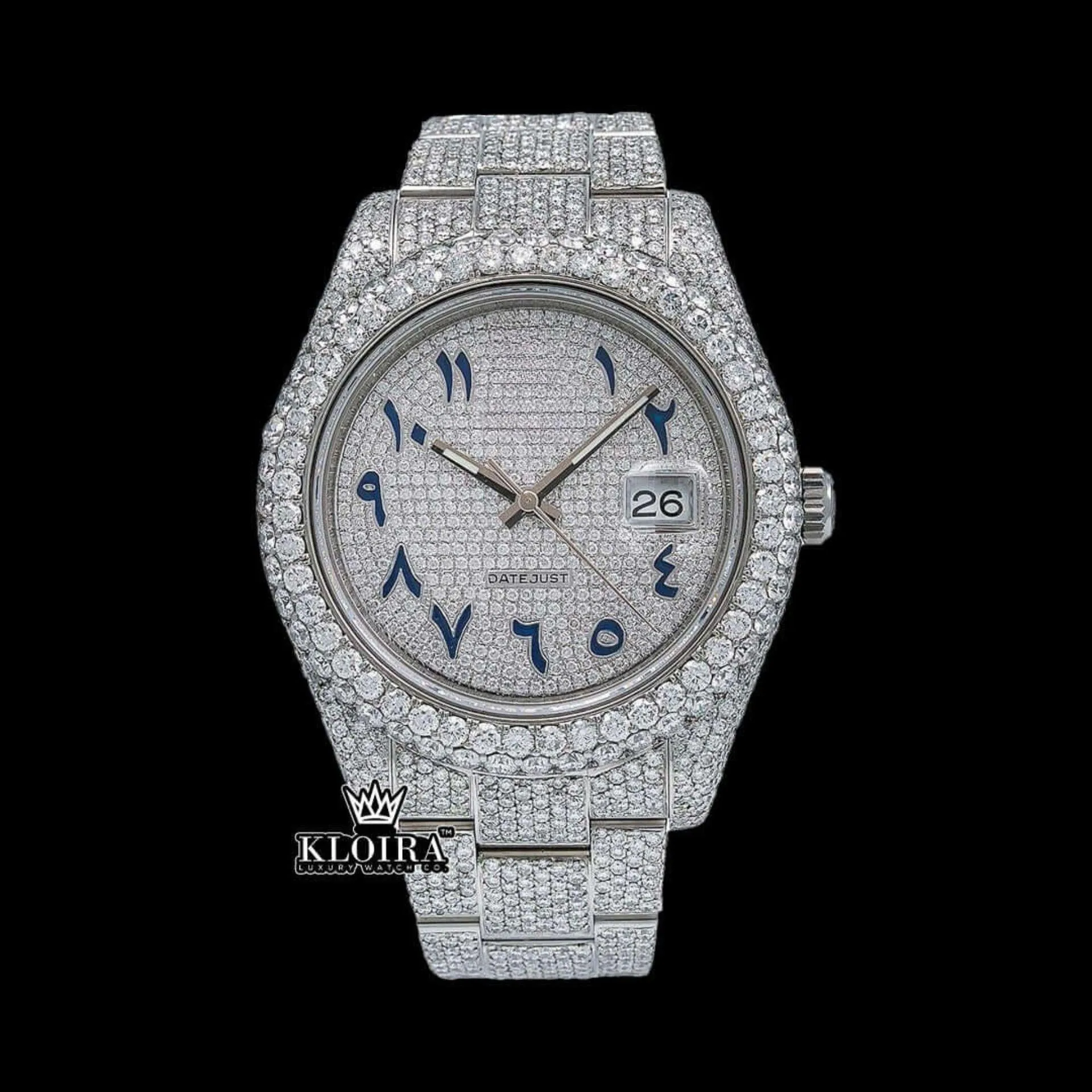 Roles Iced Out Moissanite Diamond Watch with White Dial and Blue Arabic Numerals