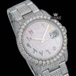 Iced out White dial rainbow Arabic Numerals Moissanite Diamond watch Close Up Dial View
