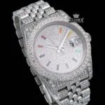 Iced Out White Dial Rainbow Stick Markers Moissanite Diamond Watch Close Up Dial View