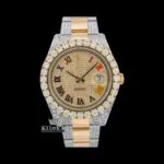 Roles Iced Out Yellow Dial Rainbow Roman Numerals Two Tone Moissanite Watch