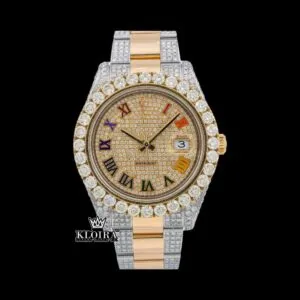 Roles Iced Out Yellow Dial Rainbow Roman Numerals Two Tone Moissanite Watch