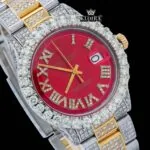 Iced Out Yellow Roman Numerals Two Tone Red Dial Watch Moissanite Watch Close Up Dial View