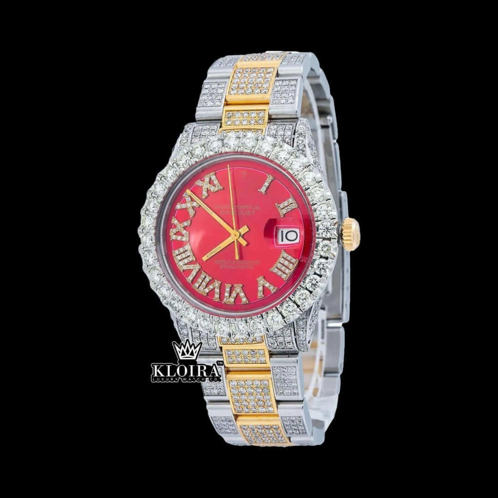 Roles Iced Out Two Tone Red Dial Moissanite Watch with Roman Numerals