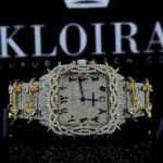 Cartior Jesus Thorn Yellow Gold Arabic Numerals Moissanite Watch Front View with sparkling detail