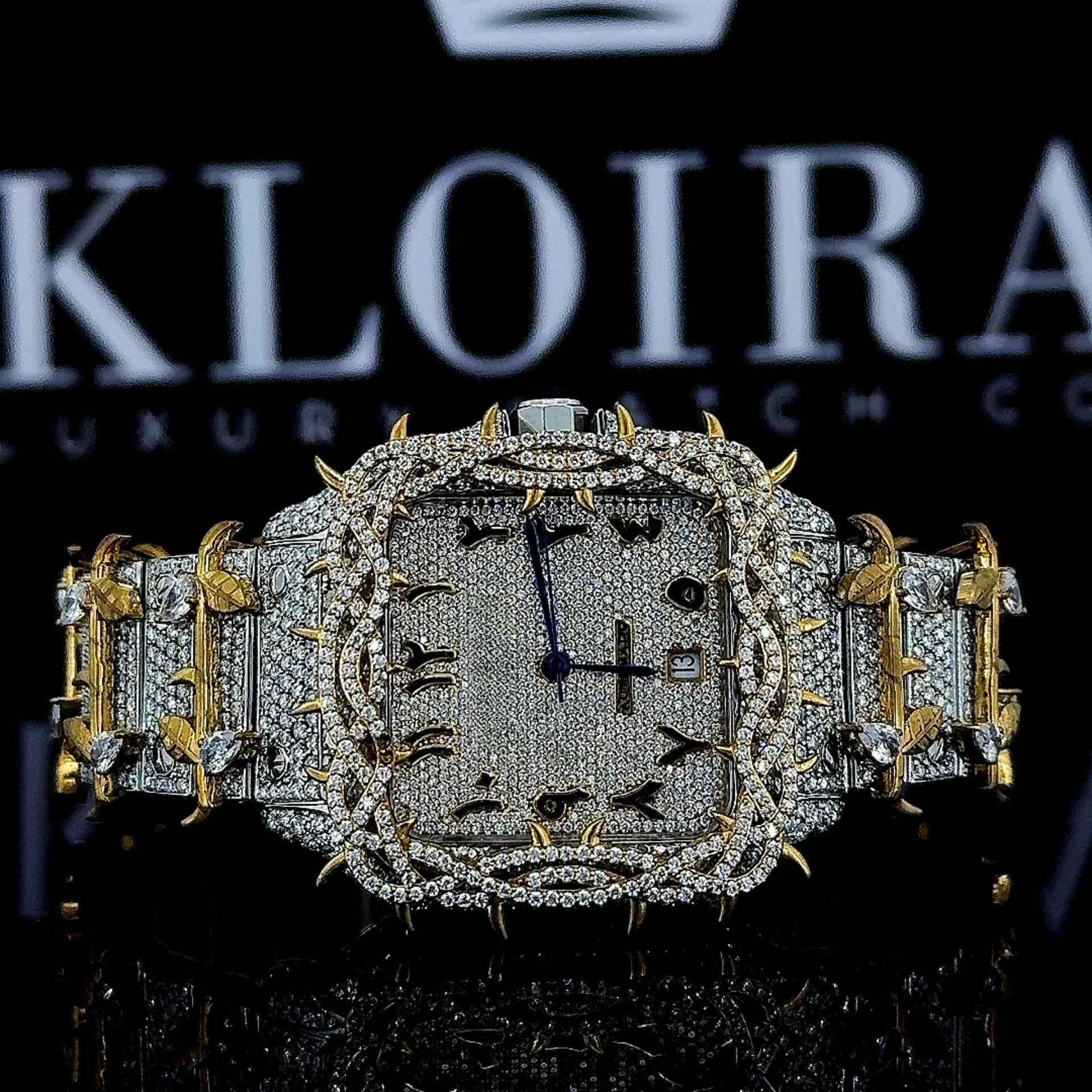 Cartior Jesus Thorn Yellow Gold Arabic Numerals Moissanite Watch Front View with sparkling detail