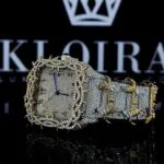 Jesus Thorn Yellow Gold Arabic Numerals Fully Iced Moissanite Diamond Watch Left Profile View
