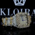 Jesus Thorn Yellow Gold Arabic Numerals Fully Iced Moissanite Diamond Watch Right Profile View