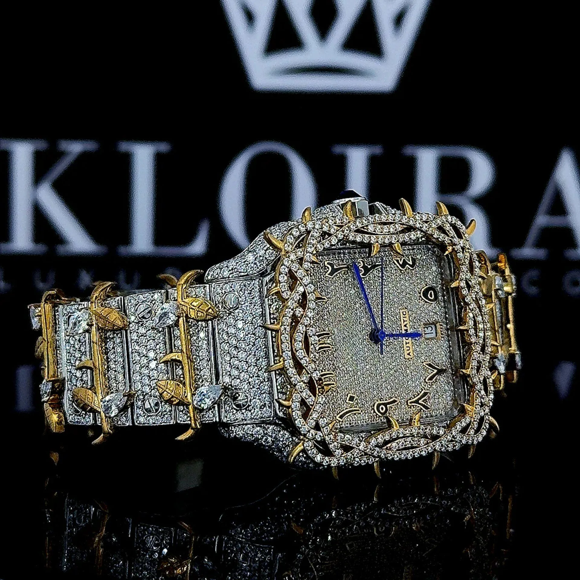 Jesus Thorn Yellow Gold Arabic Numerals Fully Iced Moissanite Diamond Watch Right Profile View