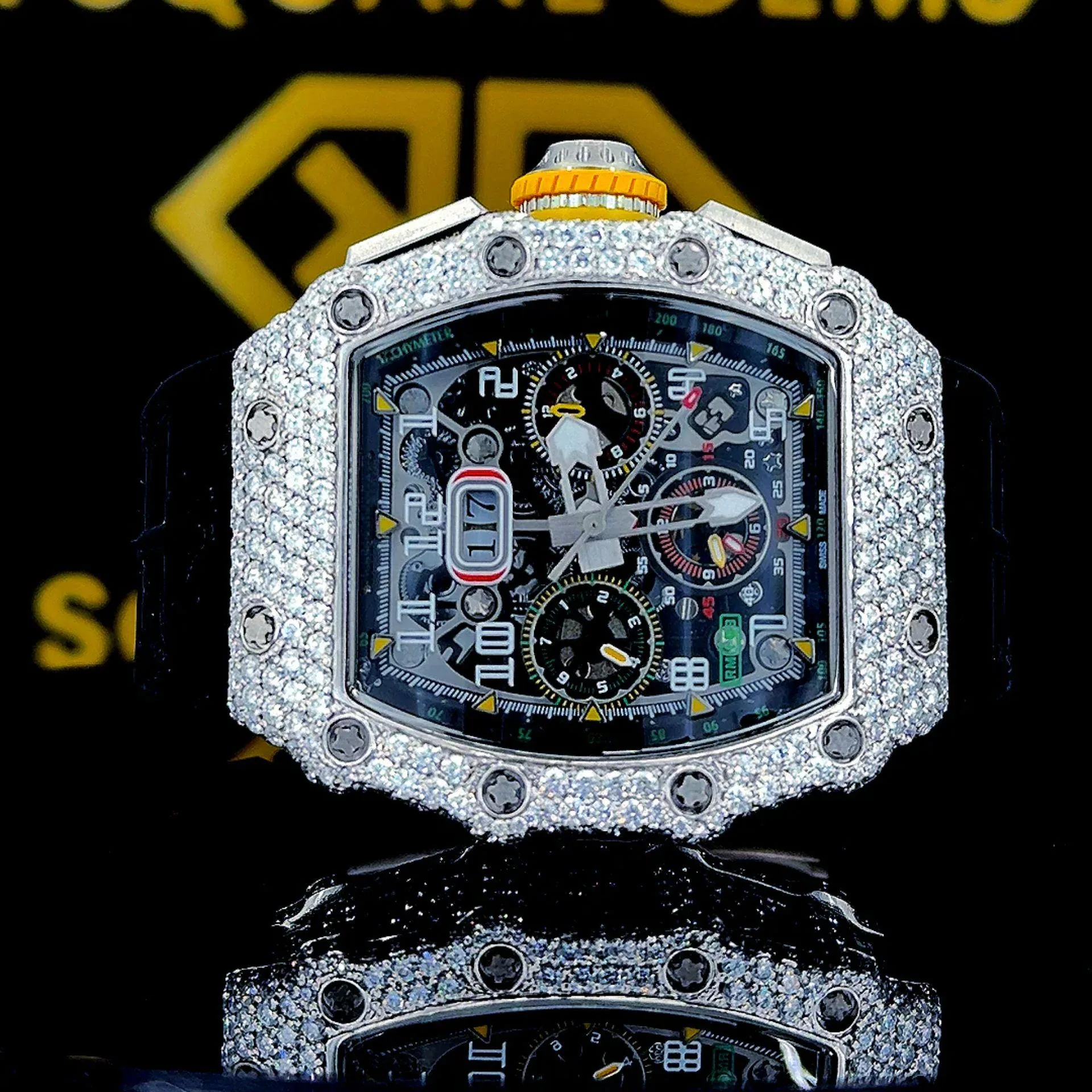 K Square Customised Moissanite Watch - K Square Chronograph Iced Out Ribber Strap Customised Moissanite Watch