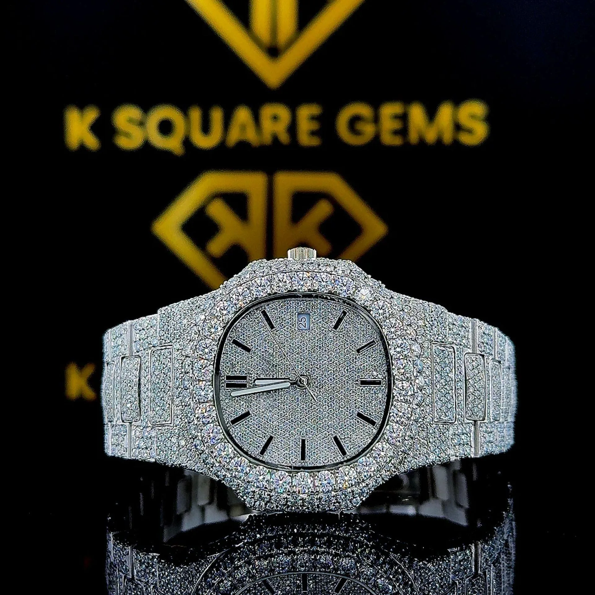 K Square Fully Iced Out Black Stick Dial Customised Moissanite Watch