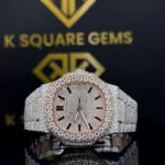 K Square Iced Out Black Stick Rose Dial Customised Moissanite Watch
