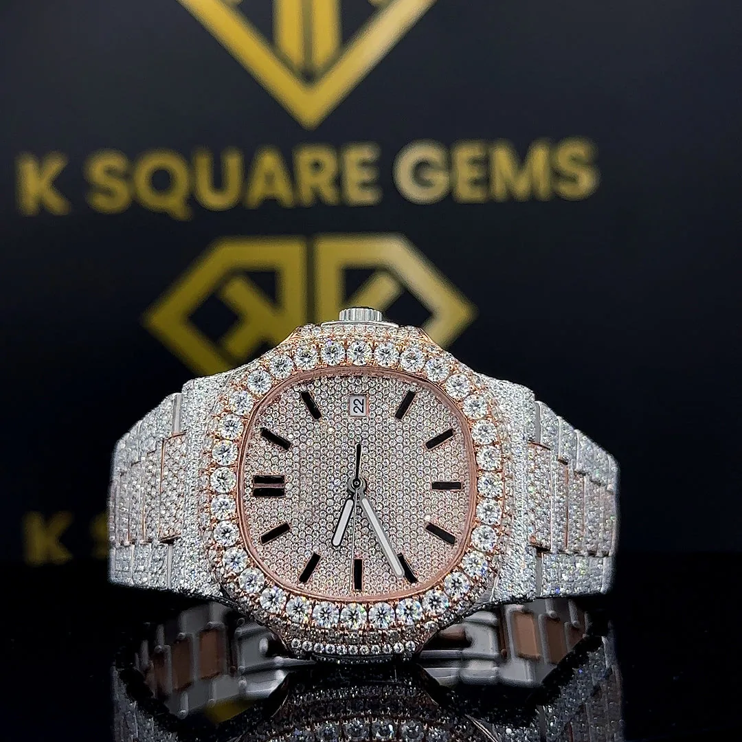 K Square Iced Out Black Stick Rose Dial Customised Moissanite Watch