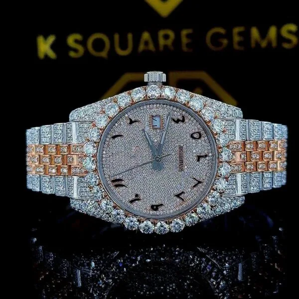 K Square Two Tone Iced Out Arabic Numerals Customised Moissanite Watch