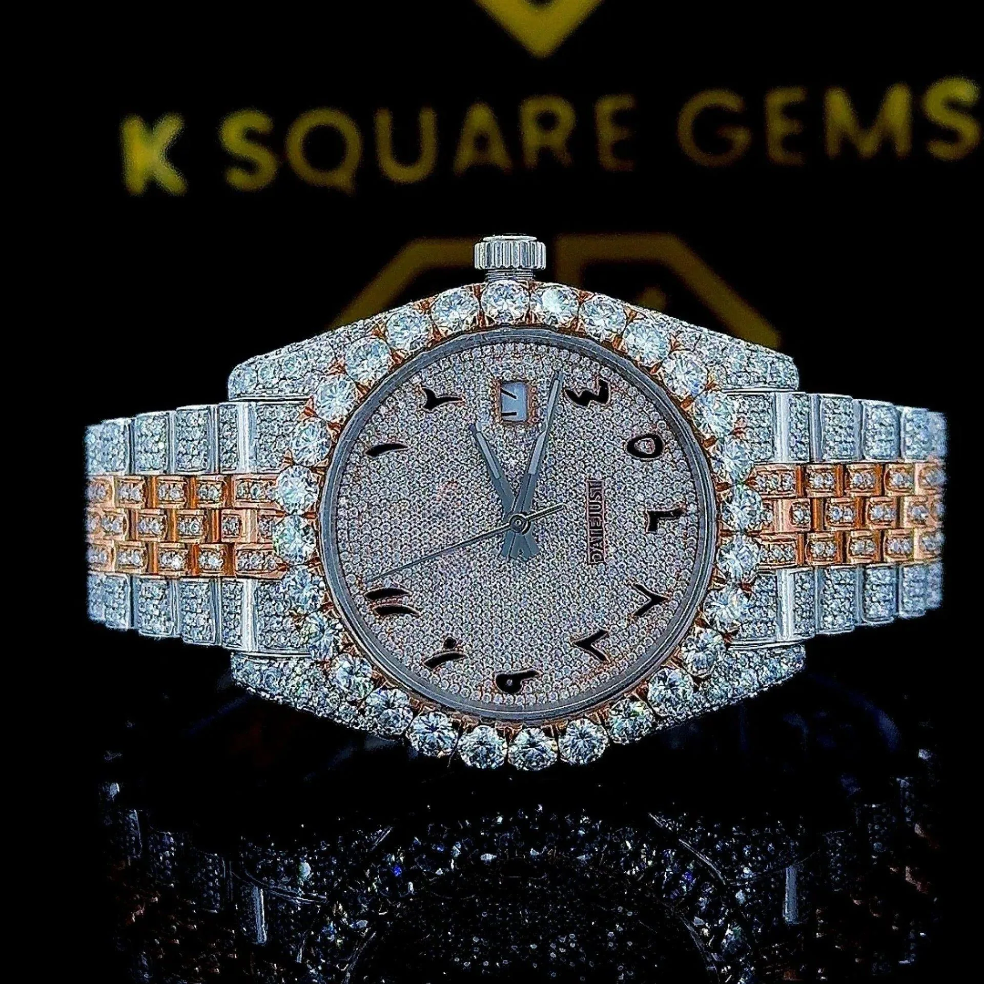 K Square Two Tone Iced Out Arabic Numerals Customised Moissanite Watch