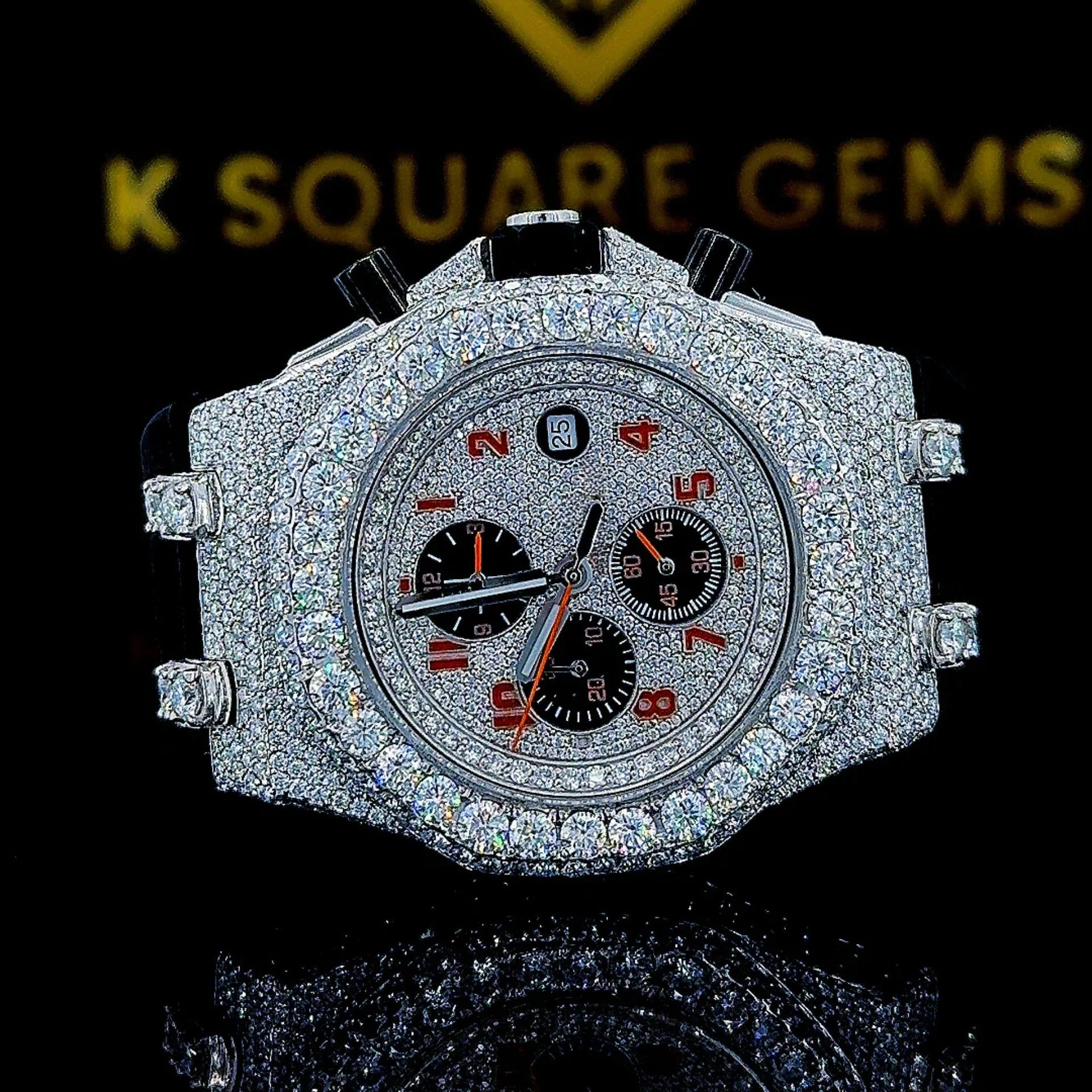 K Square Two Tone Iced Out Chronograph Dial Rubber Strap Customised Moissanite Watch
