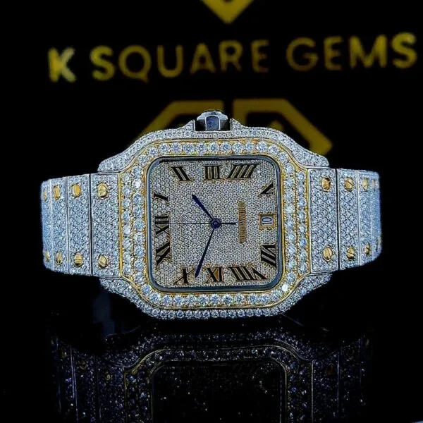 K Square Two Tone Iced Out Roman Numerals Customised Moissanite Watch