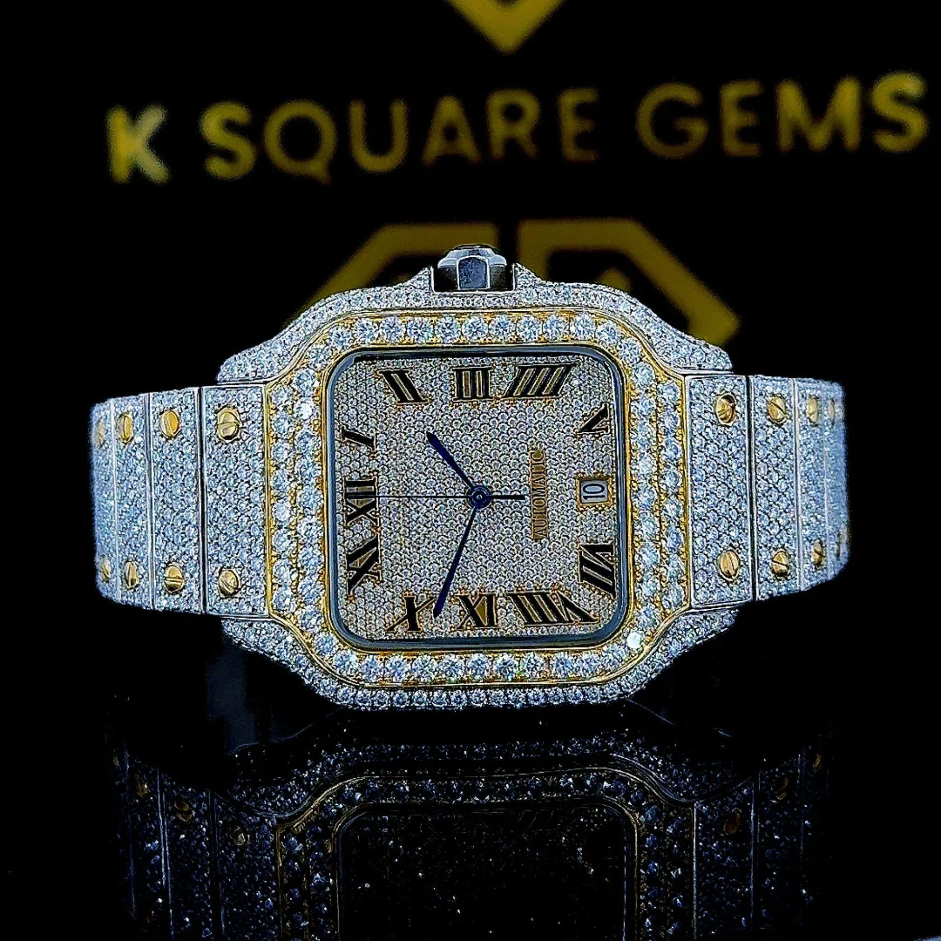K Square Two Tone Iced Out Roman Numerals Customised Moissanite Watch