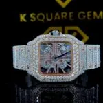 K Square Two Tone Iced Out Skeleton Dial Customised Moissanite Watch