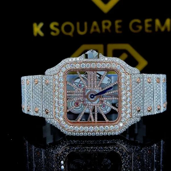 K Square Two Tone Iced Out Skeleton Dial Customised Moissanite Watch