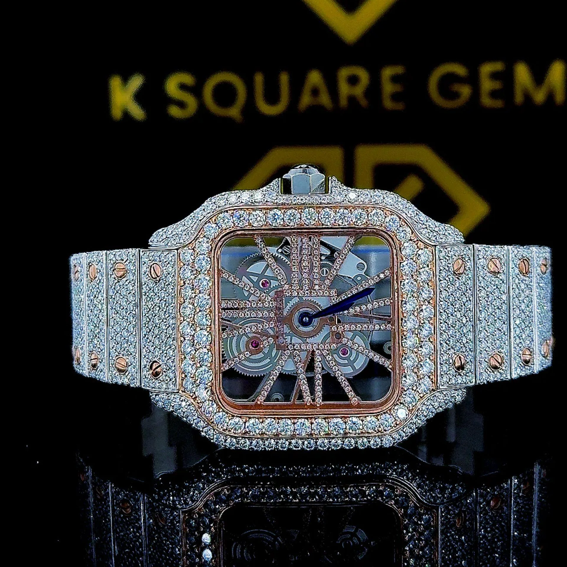 K Square Two Tone Iced Out Skeleton Dial Customised Moissanite Watch