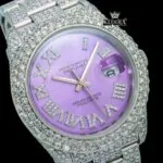 Lavender Dial Roman Numerals Iced Out Moissanite Diamond Watch Close Up Dial View