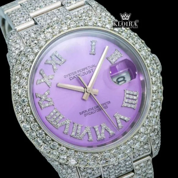 Lavender Dial Roman Numerals Iced Out Moissanite Diamond Watch Close Up Dial View