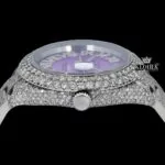 Lavender Dial Roman Numerals Iced Out Moissanite Diamond Watch Crown View