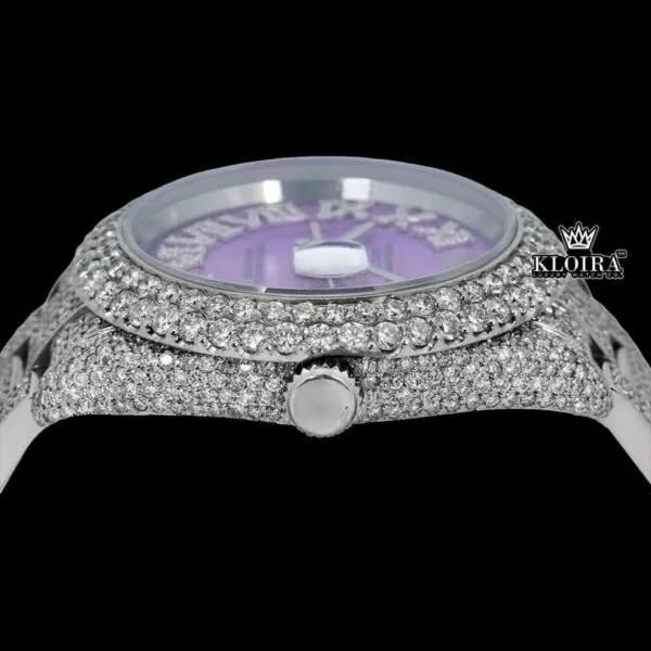Lavender Dial Roman Numerals Iced Out Moissanite Diamond Watch Crown View