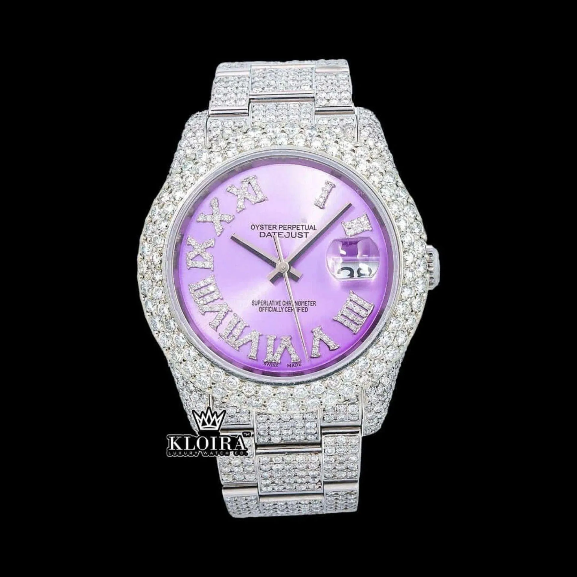 Lavender Dial Roman Numerals Iced Out Moissanite Watch with Gold Accents