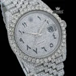 Best Replica Roles Watch with Arabic numbers and moissanite embellishments on a silver dial.