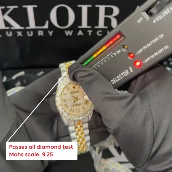 Roles Day-Date Mother of Pearl Dial Moissanite Diamond Watch showcased with diamond tester reading Mohs scale 9.25.
