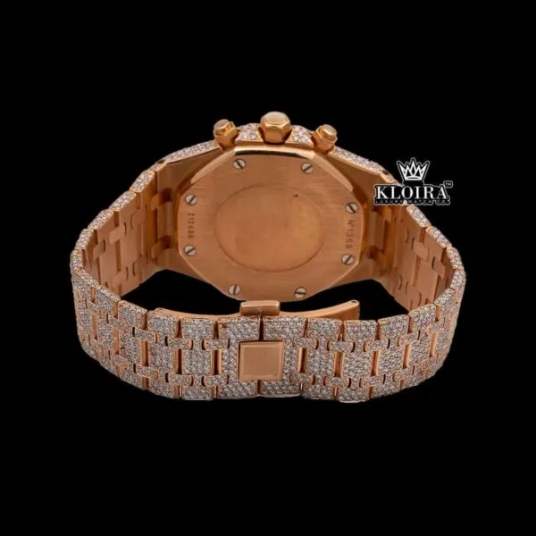 Men's Rose Gold Black Dial Iced Out Moissanite Diamond Watch Caseback View