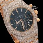 Men's Rose Gold Black Dial Iced Out Moissanite Diamond Watch Close Up Dial View