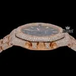 Men's Rose Gold Black Dial Iced Out Moissanite Diamond Watch Crown View