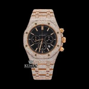 AP Men's Rose Gold Black Dial Iced Out Moissanite Watch