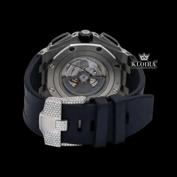 Men's Silver Iced Out Rubber Strap Moissanite Diamond Watch Caseback View
