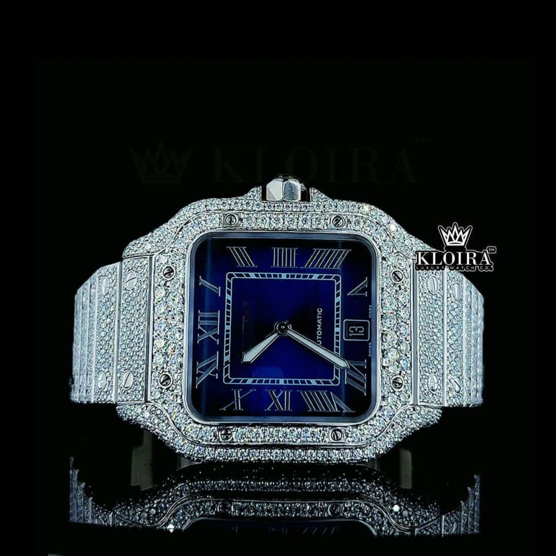 Cartior Blue Dial Moissanite Watch with Roman Numerals and Iced-Out Design