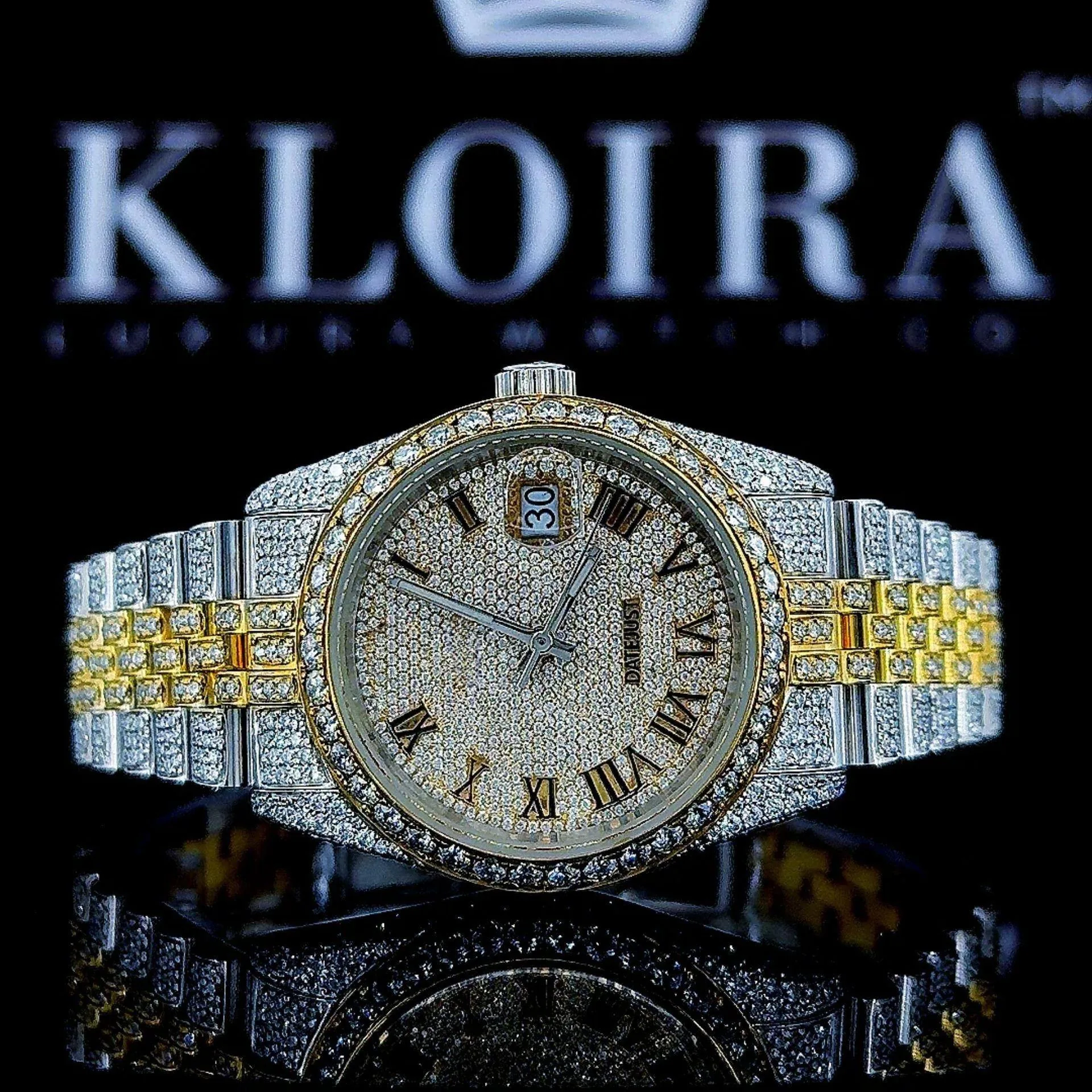 Roles Men's Moissanite Watch with Yellow Dial and Two-Tone Bracelet